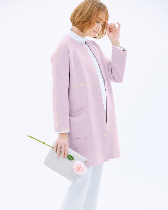 ダブルジャカード編み・ノーカラーコート