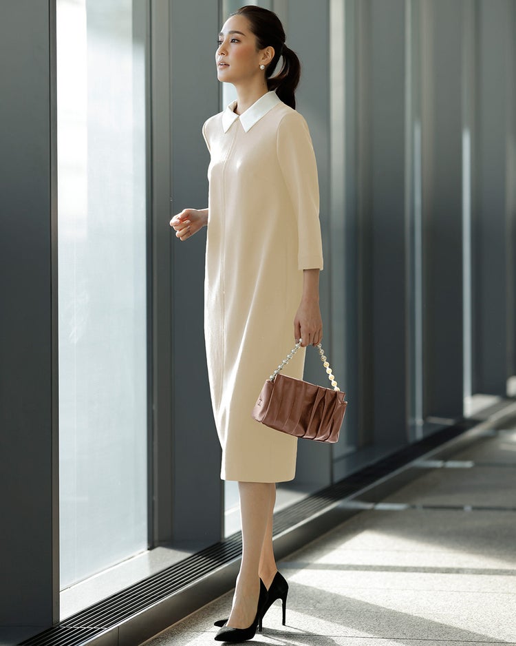 二重織りカルゼ・衿付きワンピース 詳細画像 ベージュ 1