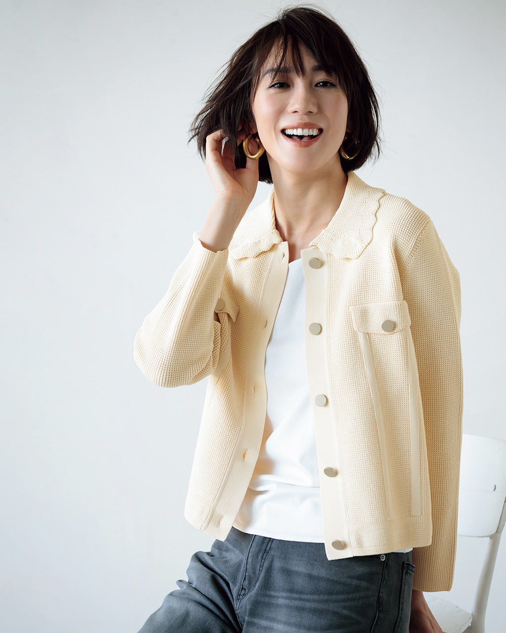 スカラップ衿・畦タック編みブルゾン/40代50代からのレディース