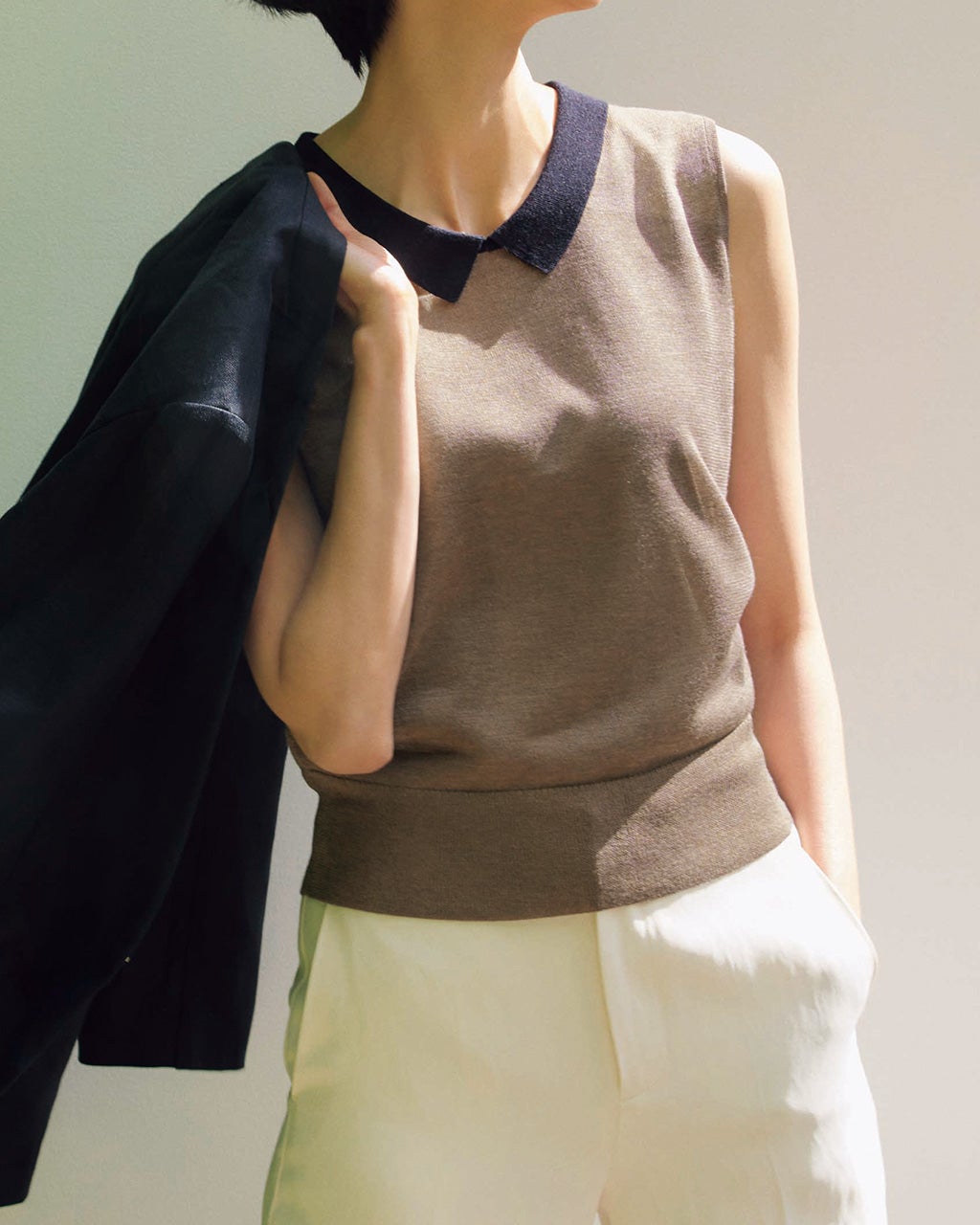 ハイゲージシアーニット・配色衿トップス/40代50代からのレディース