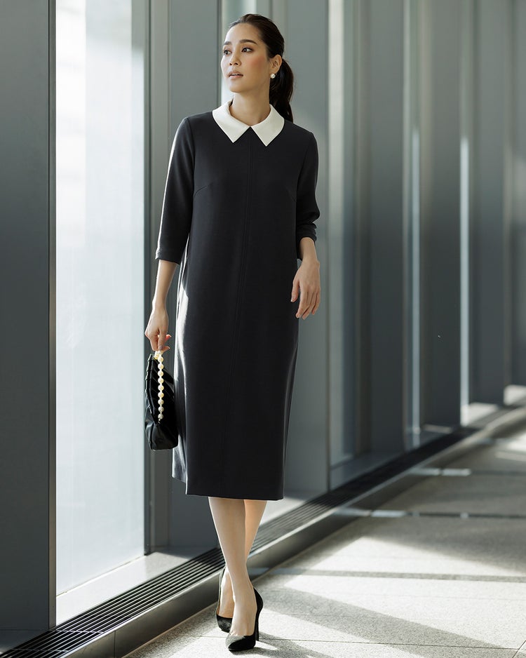 二重織りカルゼ・衿付きワンピース/６分袖 詳細画像 ブラック 1