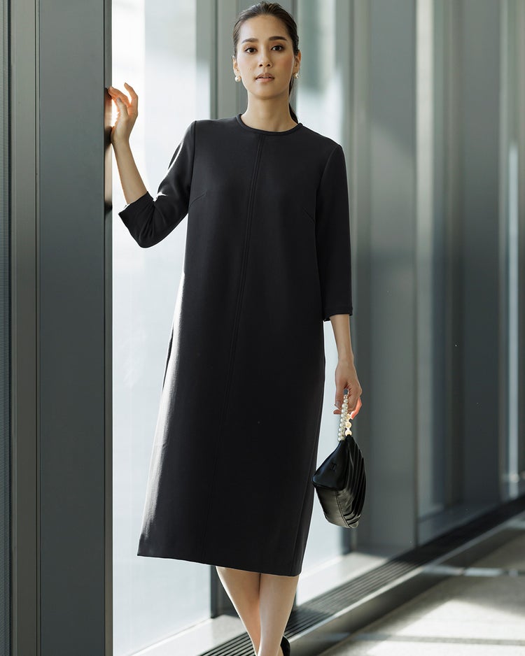 二重織りカルゼ・衿付きワンピース/６分袖 詳細画像 ブラック 2