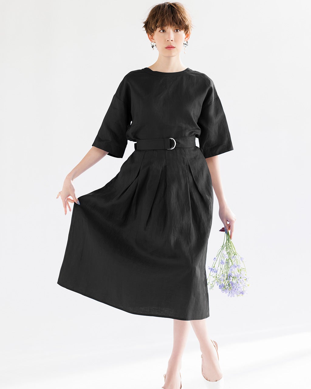 【KAREN MILLEN】ツイードベルト フルスカート ミディドレス ◇ミントブルー◇【Karen Millen】タイネック ベルトドレス
