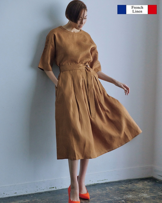フレンチリネン・ベルト付きスカート/ミディ