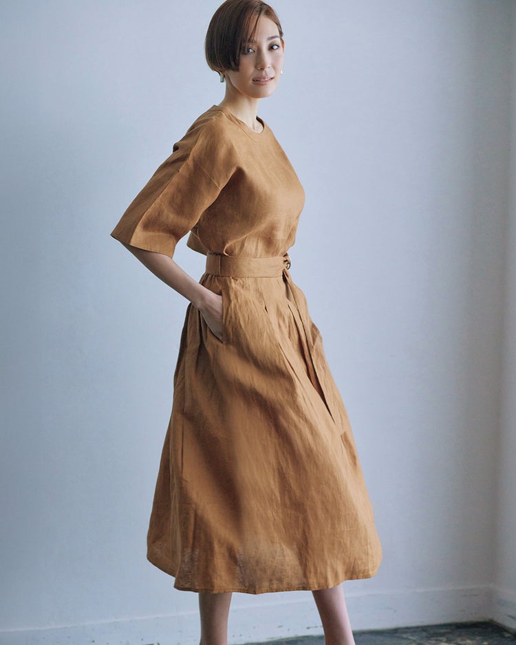 フレンチリネン・ベルト付きスカート／ミディ 詳細画像 ライトキャメル 2