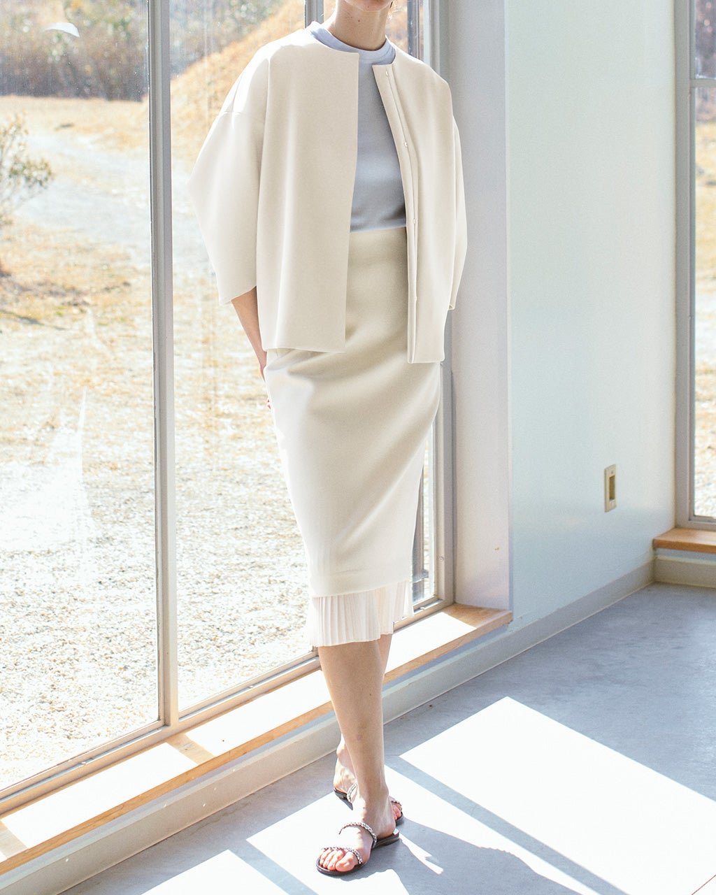ZUCCA ベージュ　きなり　綿麻混　セーラータイトスカート　ヒザ下　M ZUCCa / S CNポンチ / スカート(M beige(03)): SALE| A-net