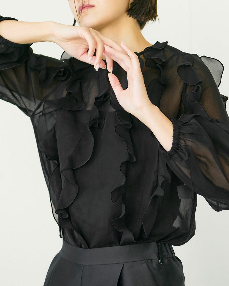 コットンオーガンジー・フリルブラウス 詳細画像 ブラック 3