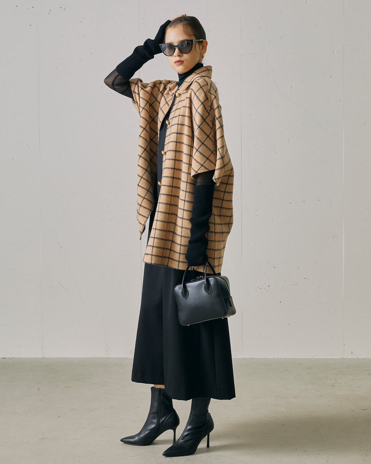 プレミアムウールリバー・チェックポンチョコート 詳細画像 ベージュ 2