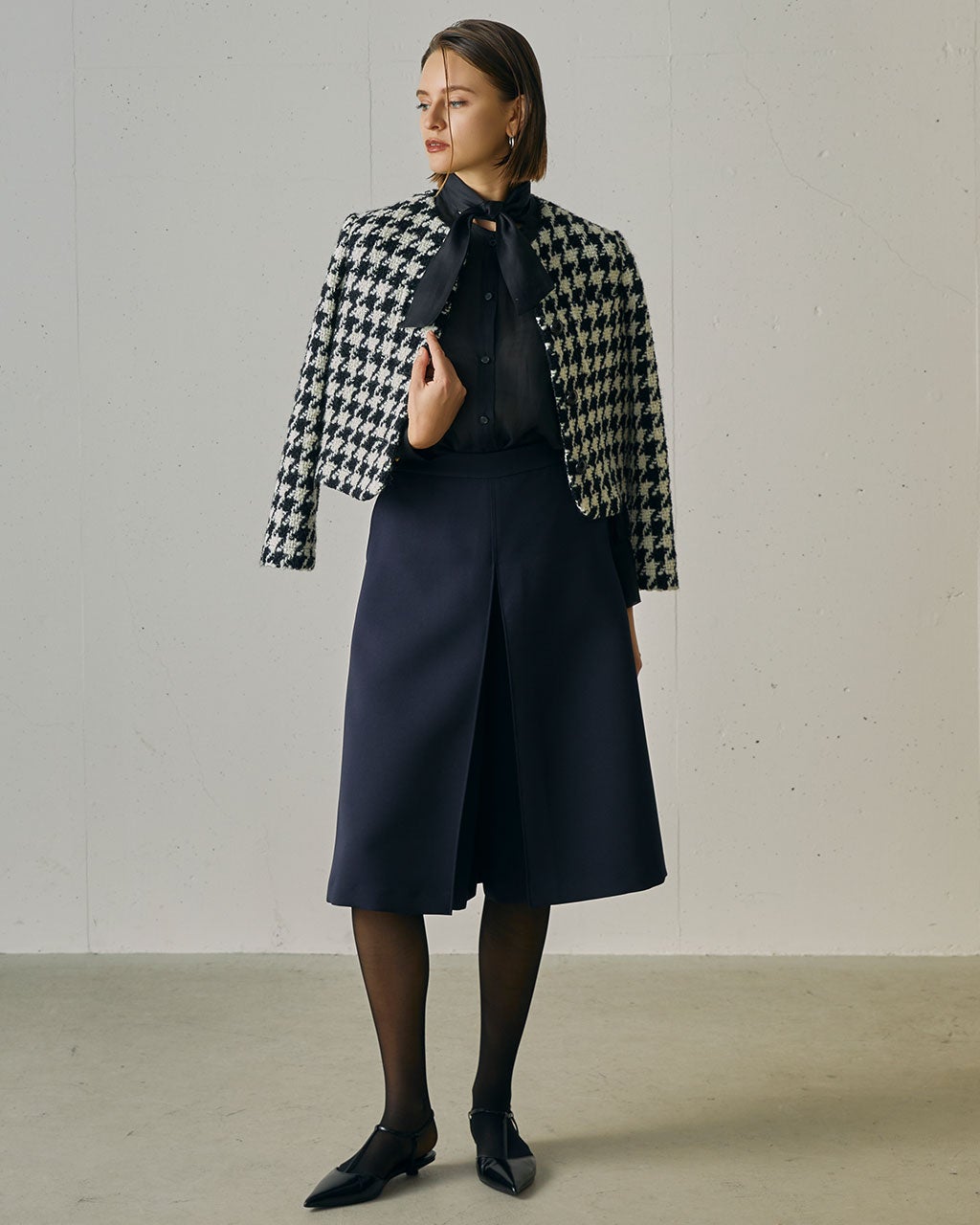 ルルウィルビー　チドリツイードノーカラージャケット　金ボタン　千鳥格子 木村りかこさんコラボ＞金ボタン千鳥格子ノーカラージャケット