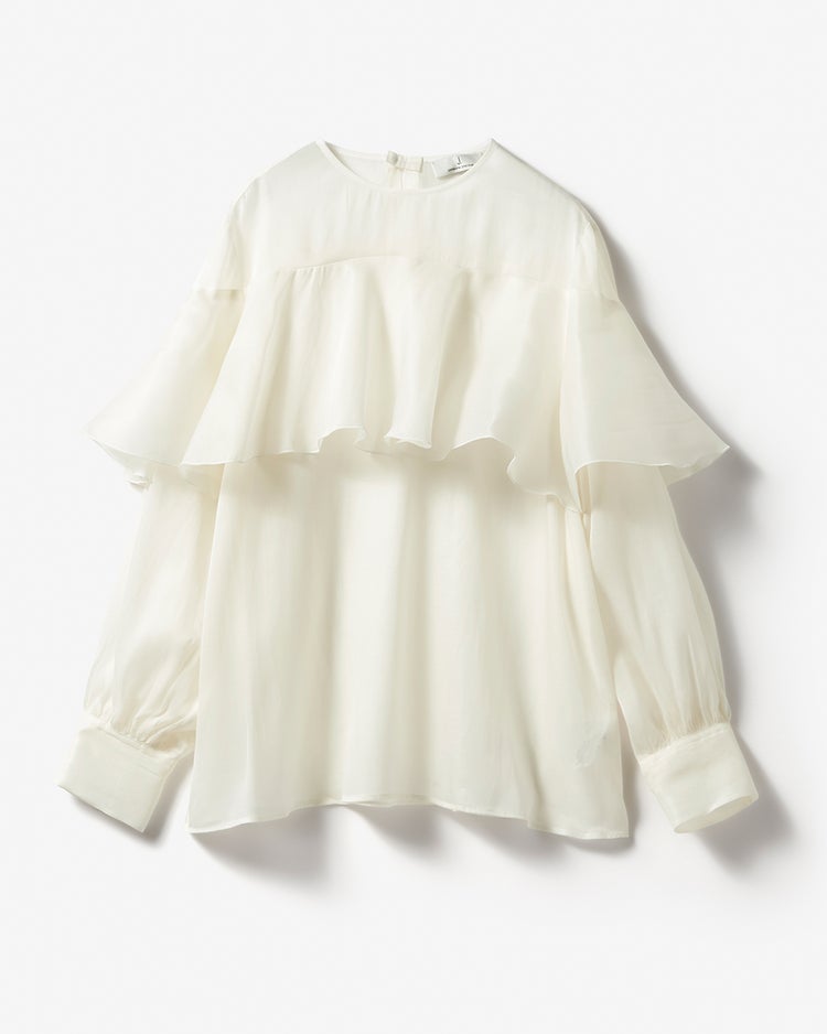 綿シルクオーガンジー・ラッフルフリルブラウス 詳細画像 ホワイト 1