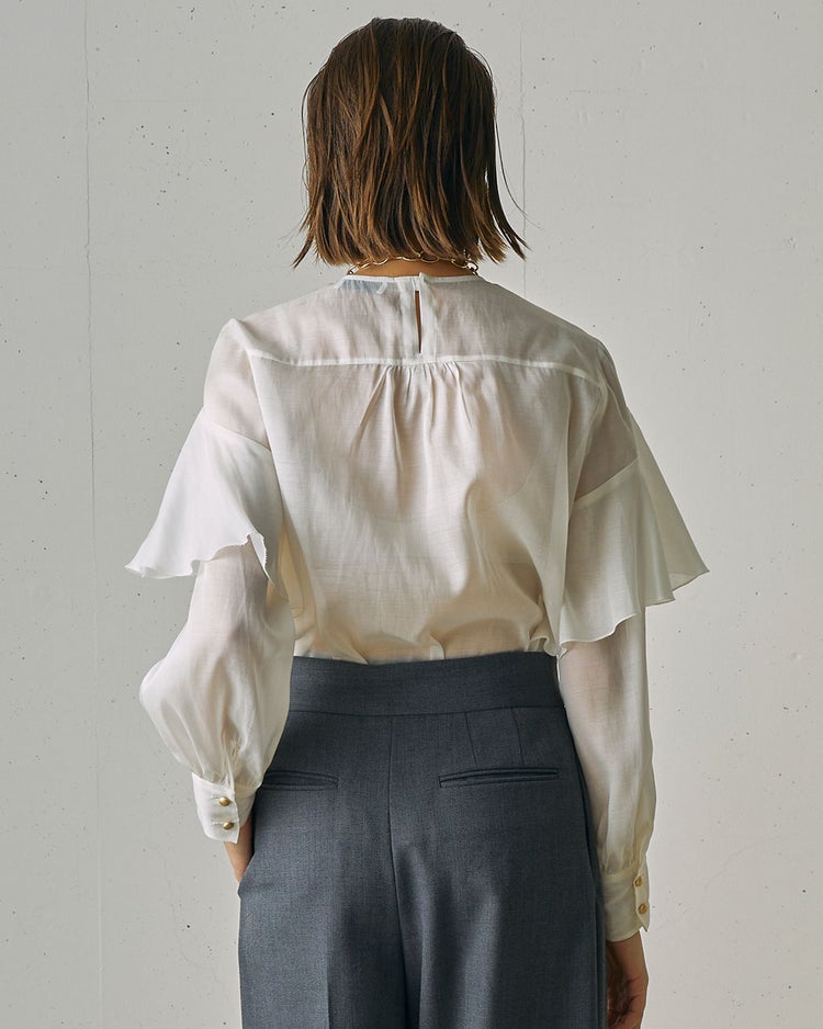 綿シルクオーガンジー・ラッフルフリルブラウス 詳細画像 ホワイト 10