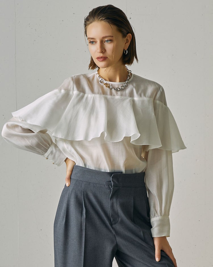 綿シルクオーガンジー・ラッフルフリルブラウス 詳細画像 ホワイト 7
