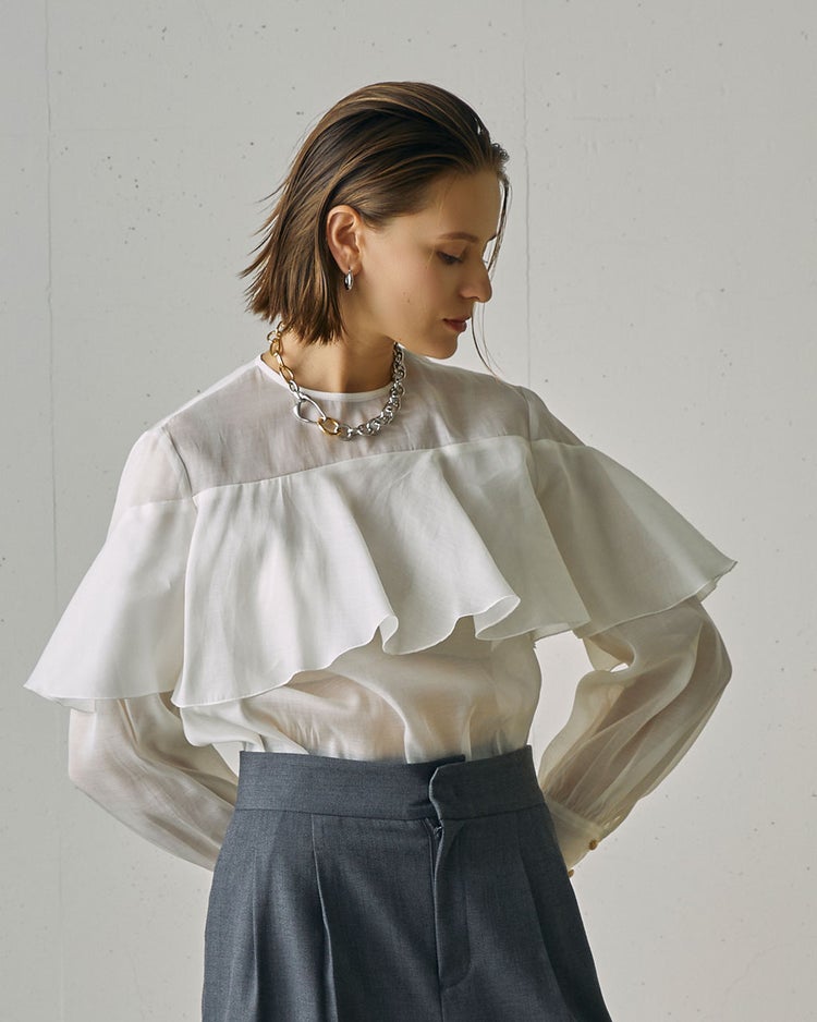綿シルクオーガンジー・ラッフルフリルブラウス 詳細画像 ホワイト 8