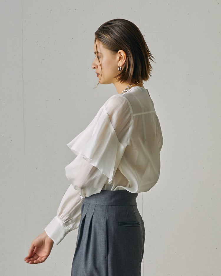 綿シルクオーガンジー・ラッフルフリルブラウス 詳細画像 ホワイト 9