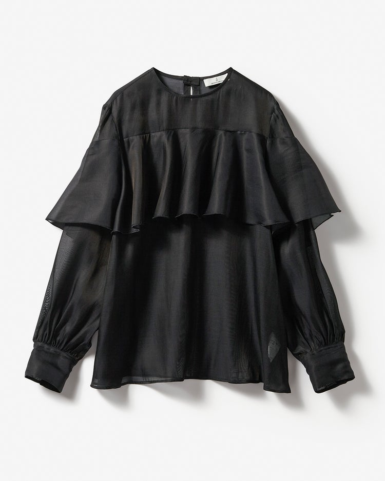綿シルクオーガンジー・ラッフルフリルブラウス 詳細画像 ブラック 1
