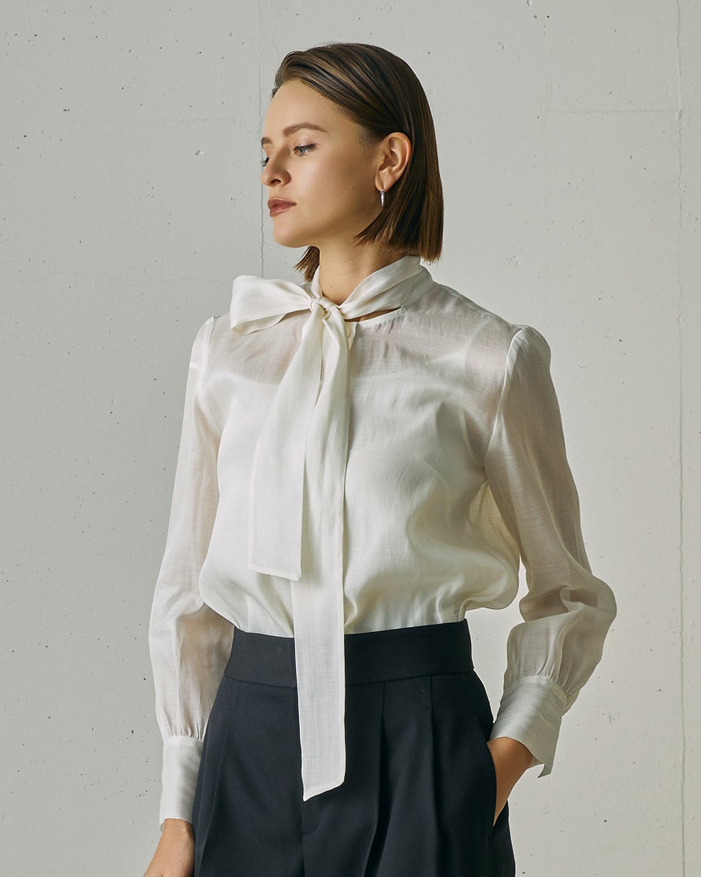 綿シルクオーガンジー・ボウタイブラウス/40代50代からの