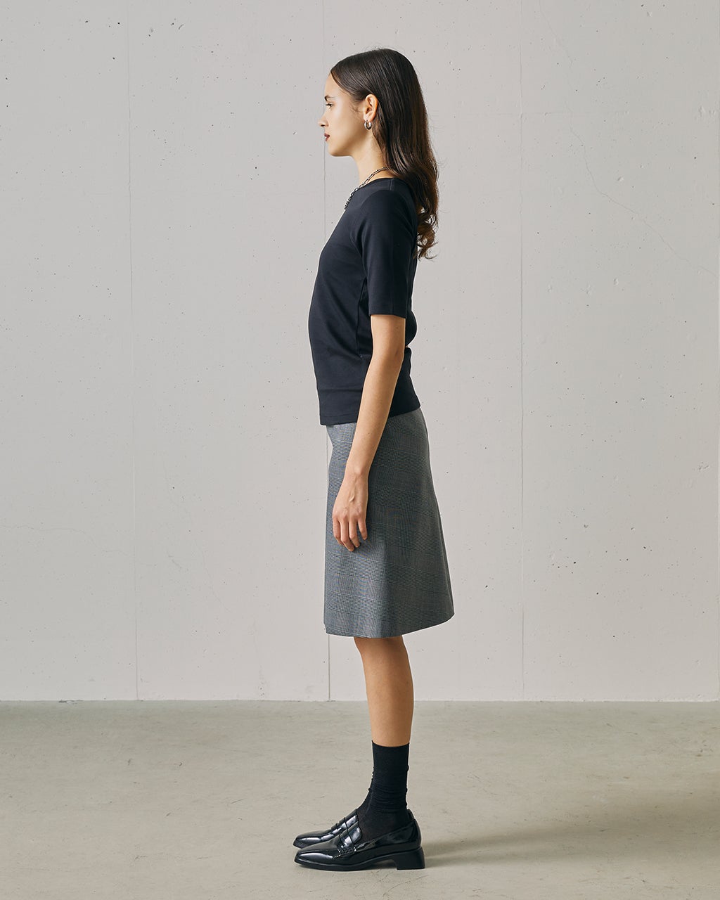 グレンチェックウール・ミディアムスカート/DoCLASSE