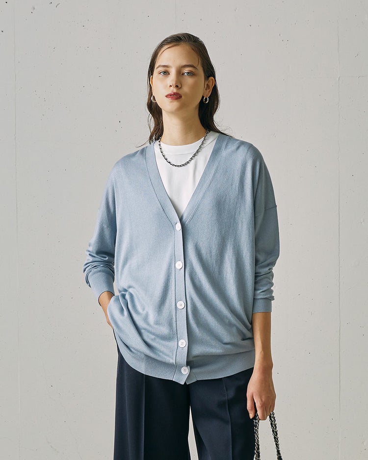 シルクカシミヤ・Vネックロングカーディガン 詳細画像 ブルーグレー 1