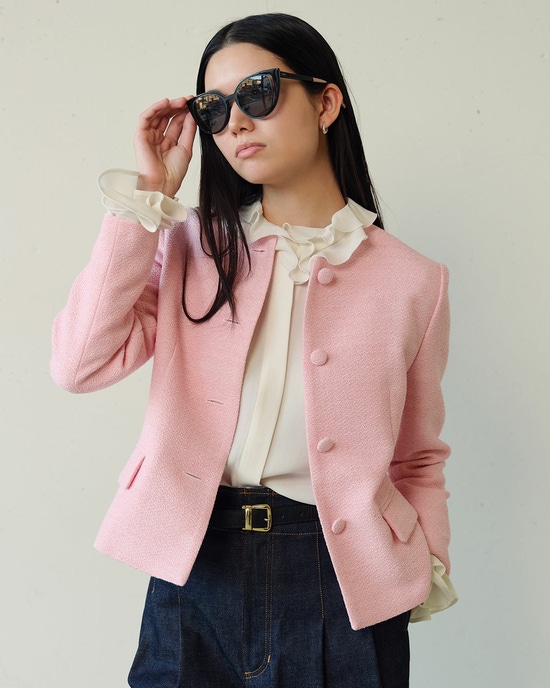 コットン混ツイード・ノーカラージャケット