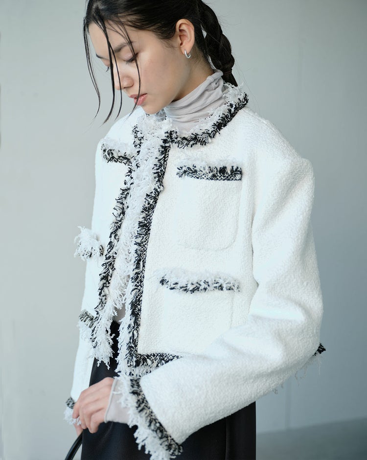 リングツイード・ノーカラートリムジャケット 詳細画像 ホワイト 1