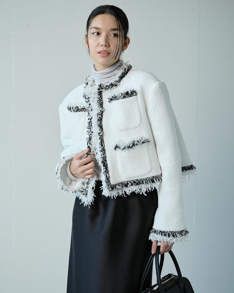 リングツイード・ノーカラートリムジャケット 詳細画像 ホワイト 3