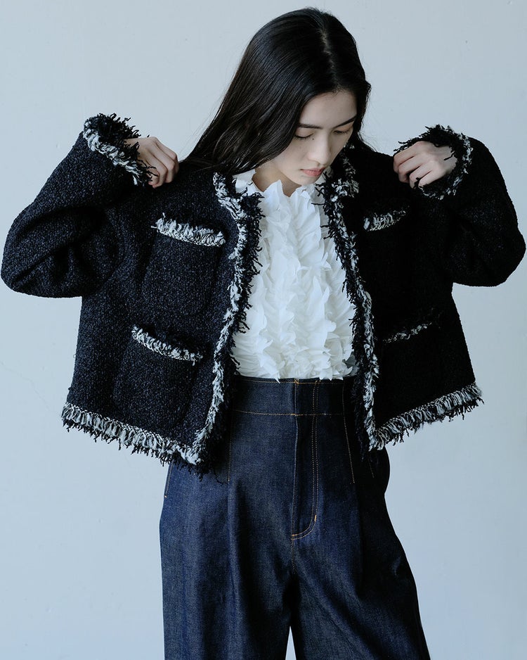 リングツイード・ノーカラートリムジャケット 詳細画像 ブラック 3