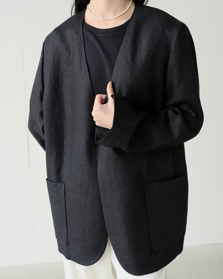 オックスリネン・ノーカラージャケット 詳細画像 ブラック 2