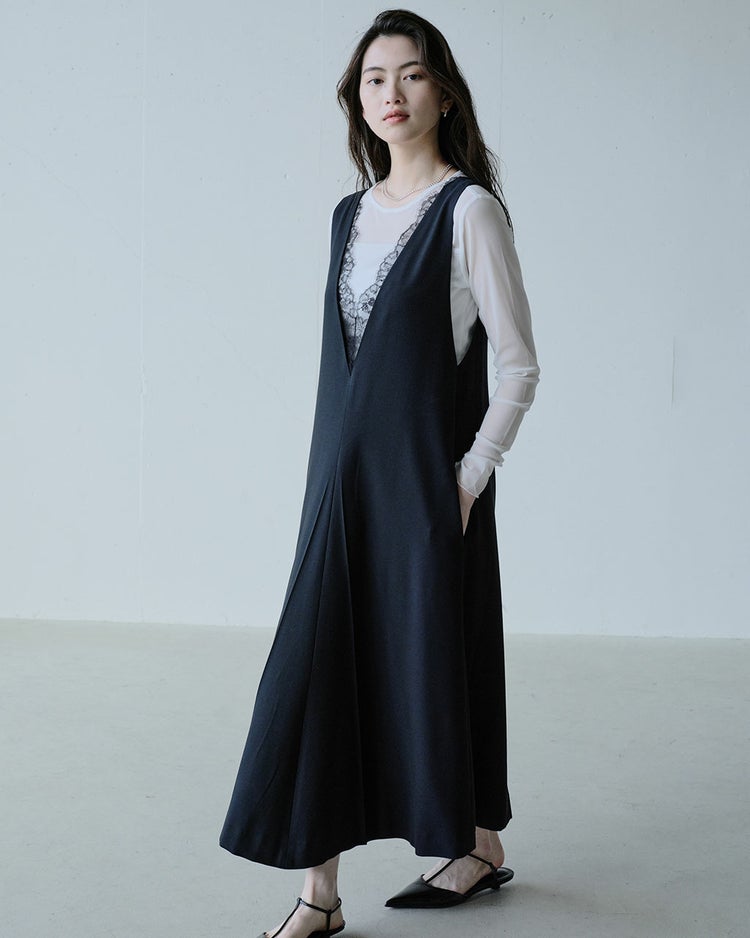 ビスコースストレッチ・コンビレースワンピース 詳細画像 ブラック 5