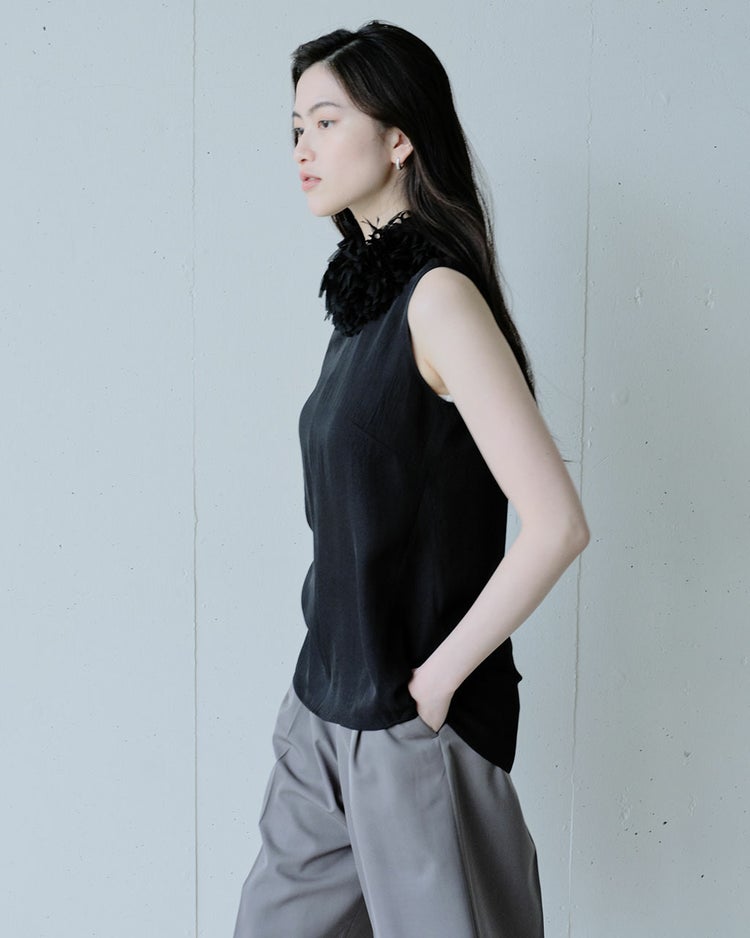 アセテートツイル・フリルネックブラウス 詳細画像 ブラック 2