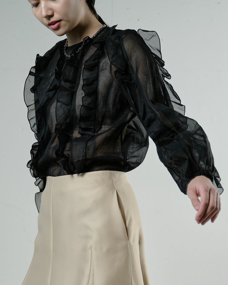 強撚オーガンジー・フリルブラウス 詳細画像 ブラック 2
