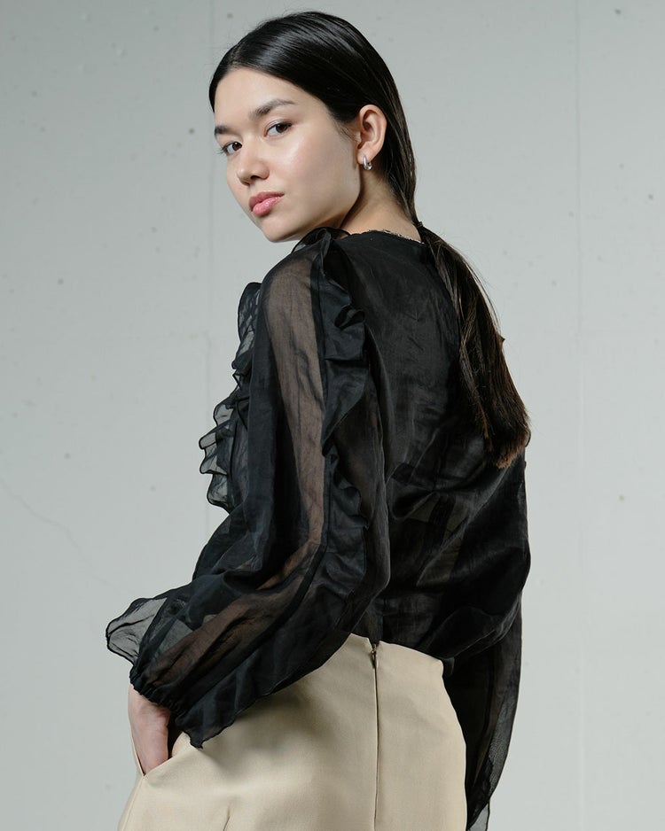 強撚オーガンジー・フリルブラウス 詳細画像 ブラック 3