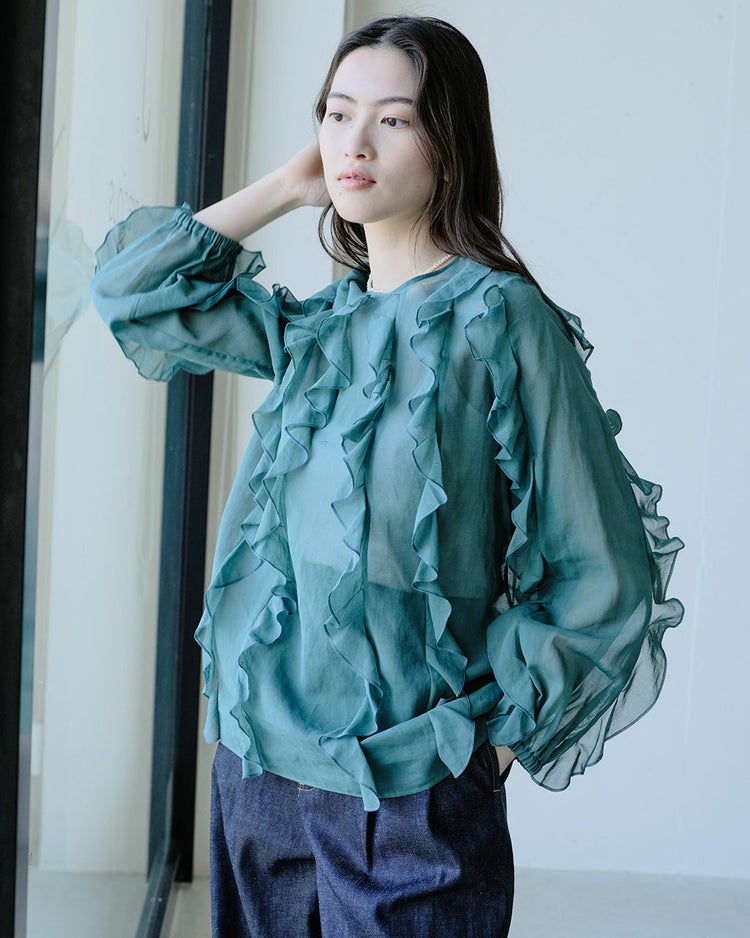 強撚オーガンジー・フリルブラウス 詳細画像 グリーン 6
