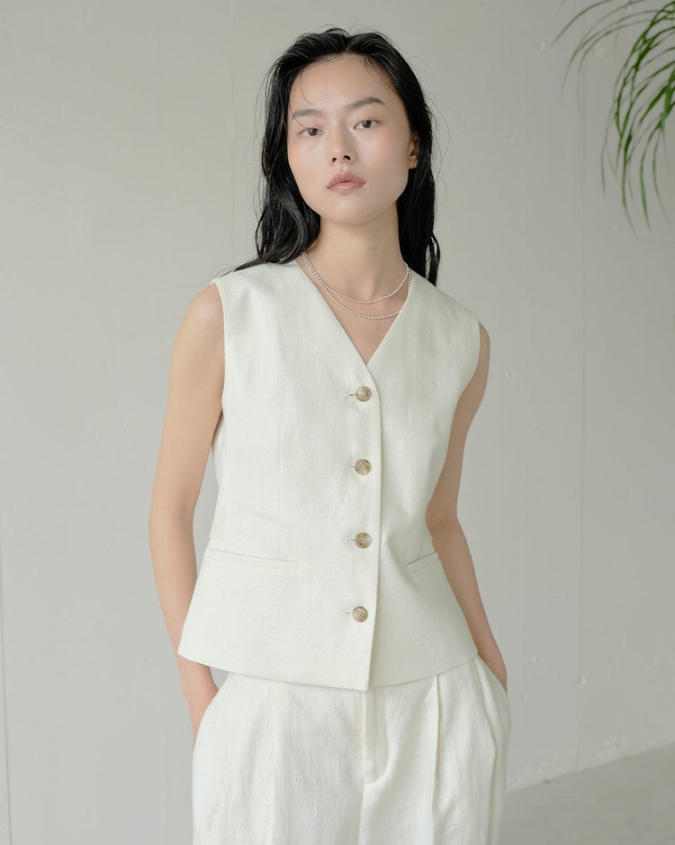 オックスリネン・ボタンベスト 詳細画像 アイボリー 2