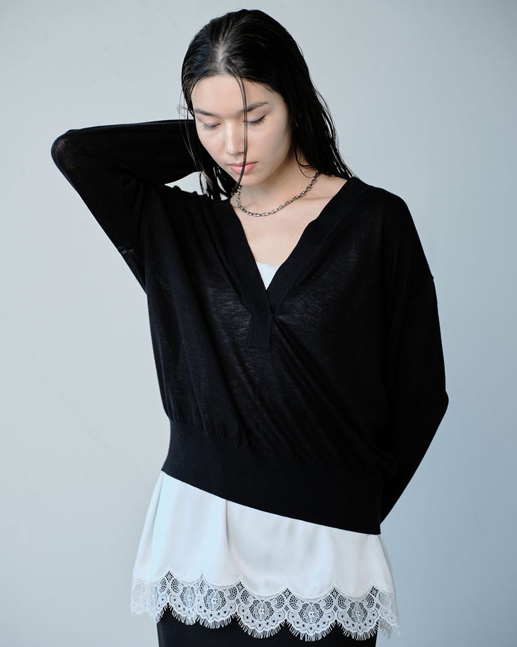 ドレープウール・深Vネックセーター 詳細画像 ブラック 1