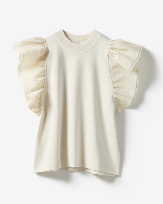 異素材使い・袖フリルニット