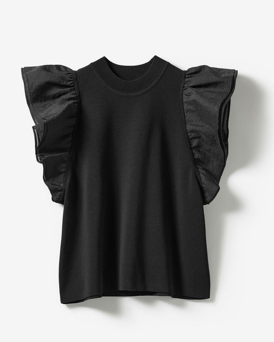 異素材使い・袖フリルニット