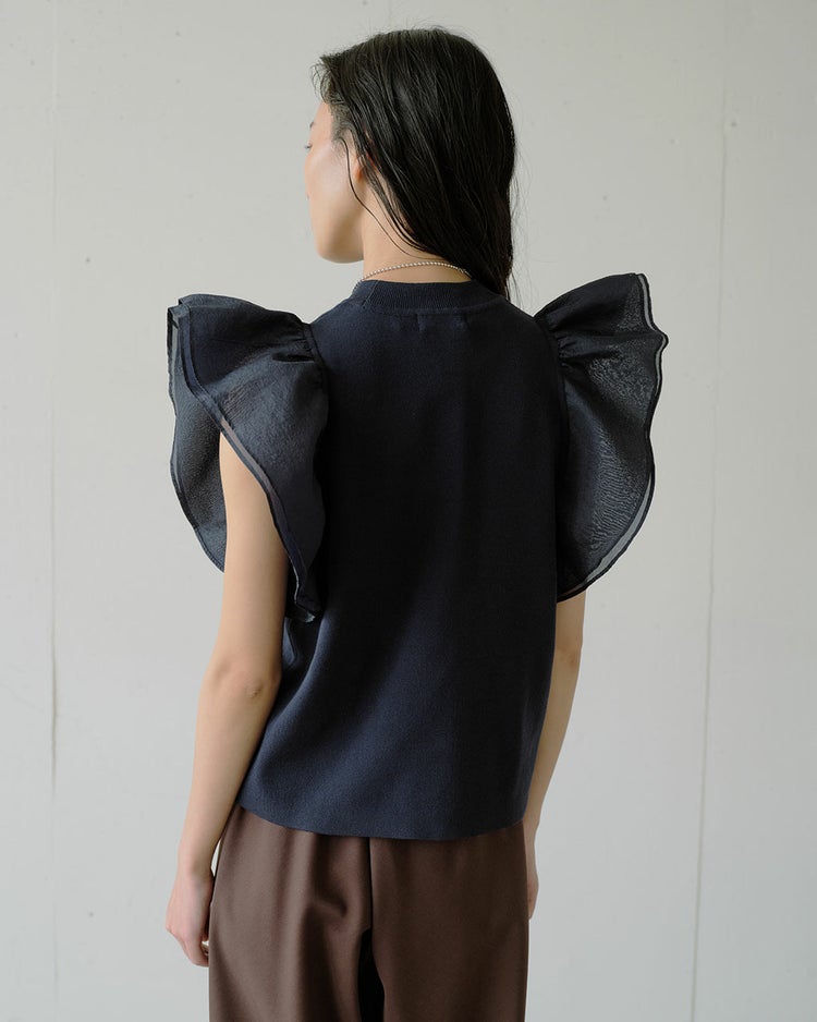 異素材使い・袖フリルニット 詳細画像 ネイビー 2
