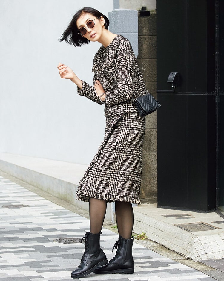 チェックツイード・ラップ風スカート 詳細画像 ブラックパターン 2