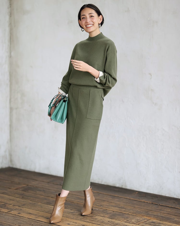総針ハイネック・スカートセットアップ 詳細画像 カーキ 1