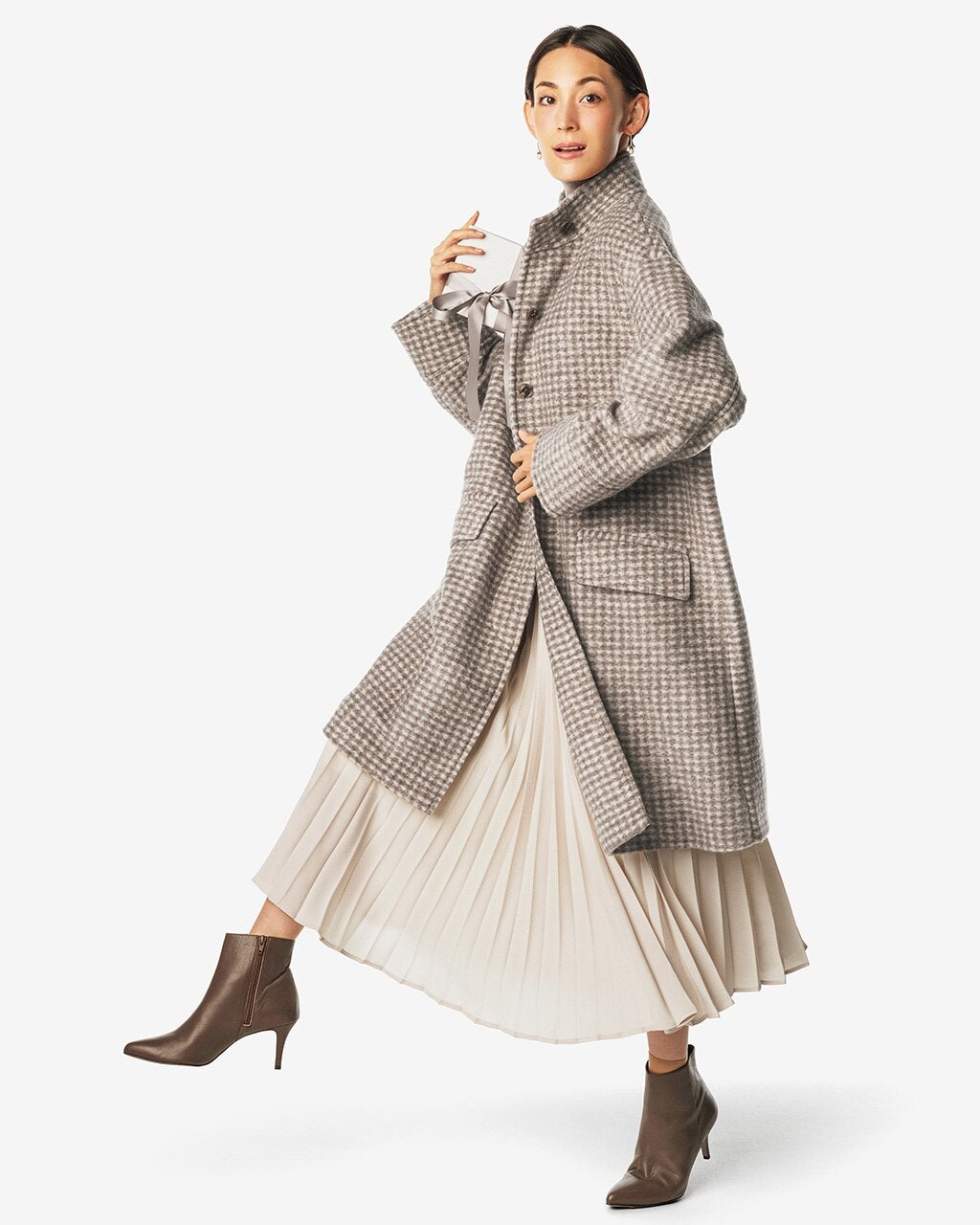 ベージュ ウール混合 コート ウール混紡ロングコート ウールツイード生地コート 丸襟 ベージュ