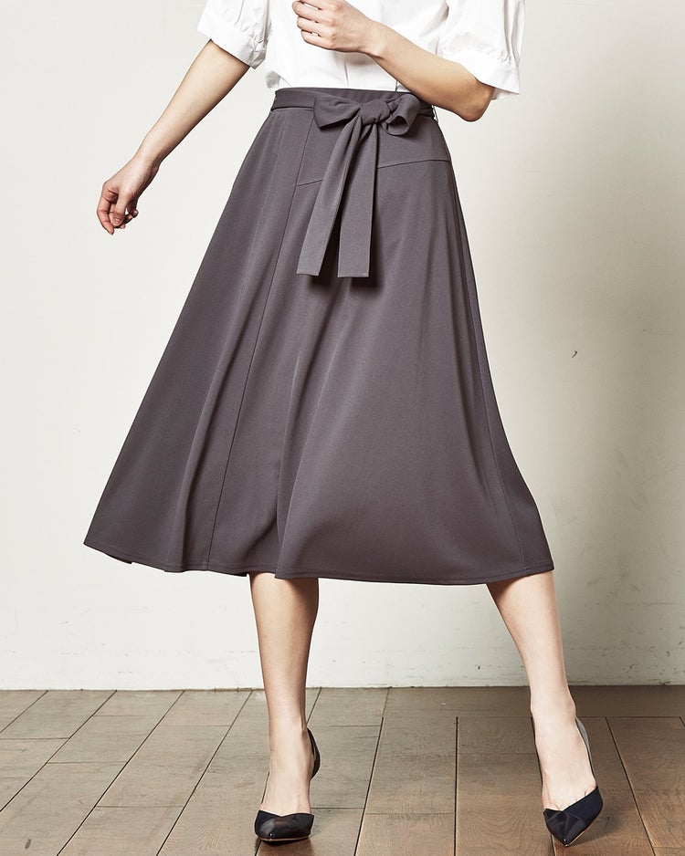 強撚スムース・ラップ風フレアスカート 詳細画像 チャコール 1