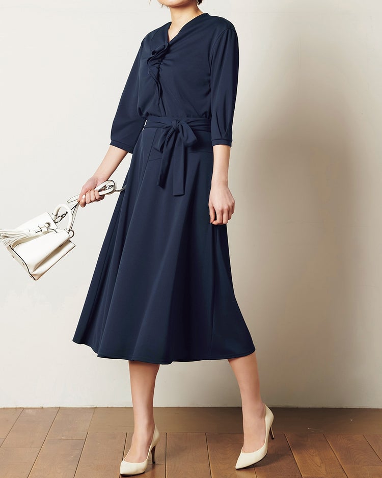 強撚スムース・ラップ風フレアスカート 詳細画像 ネイビー 1