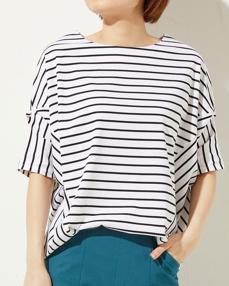 変則フォルム・ボーダーTシャツ 詳細画像 ホワイト・パターン 1