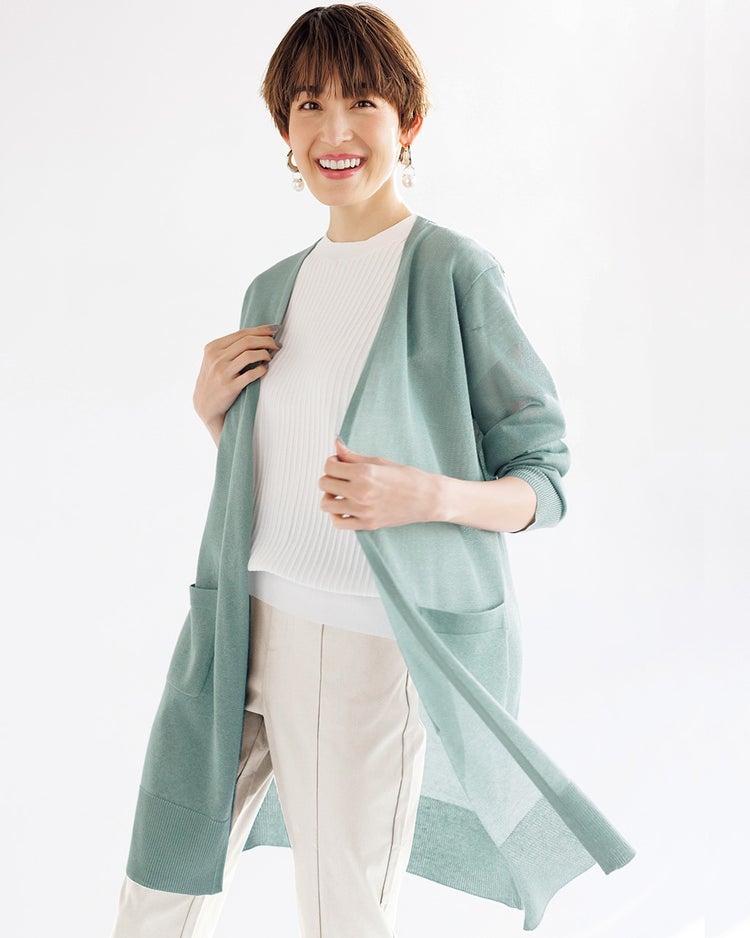 スパークリングニット・サイドスリットカーディガン 詳細画像 アクア 1