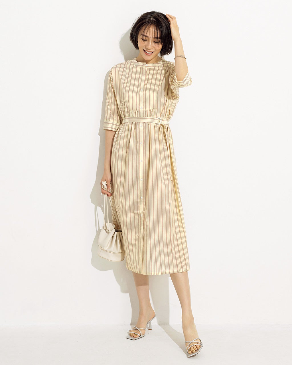 【Max Mara】ストライプ シルク混WOOLベアトップ ワンピース