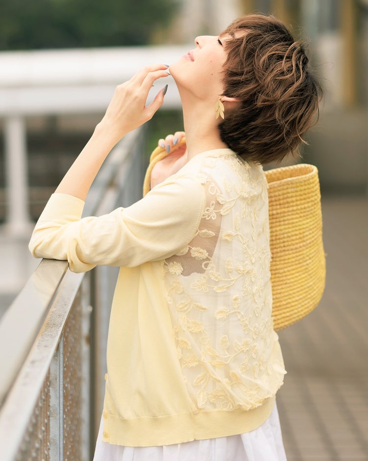 コットンモダール・バックレースカーディガン 詳細画像 ペールイエロー 2