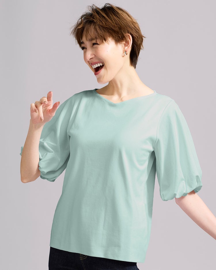 浅Vネック／ランタンスリーブ・ドゥクラッセTシャツ 詳細画像 グリーングレー 1
