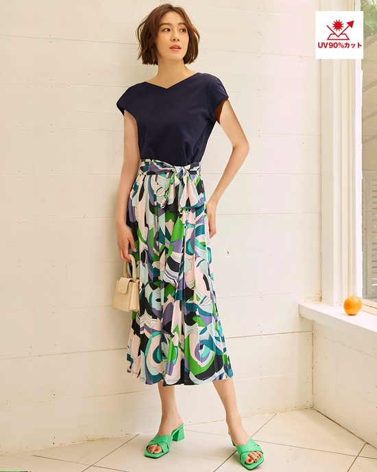 異素材コンボ・ワンピース／フレンチ袖