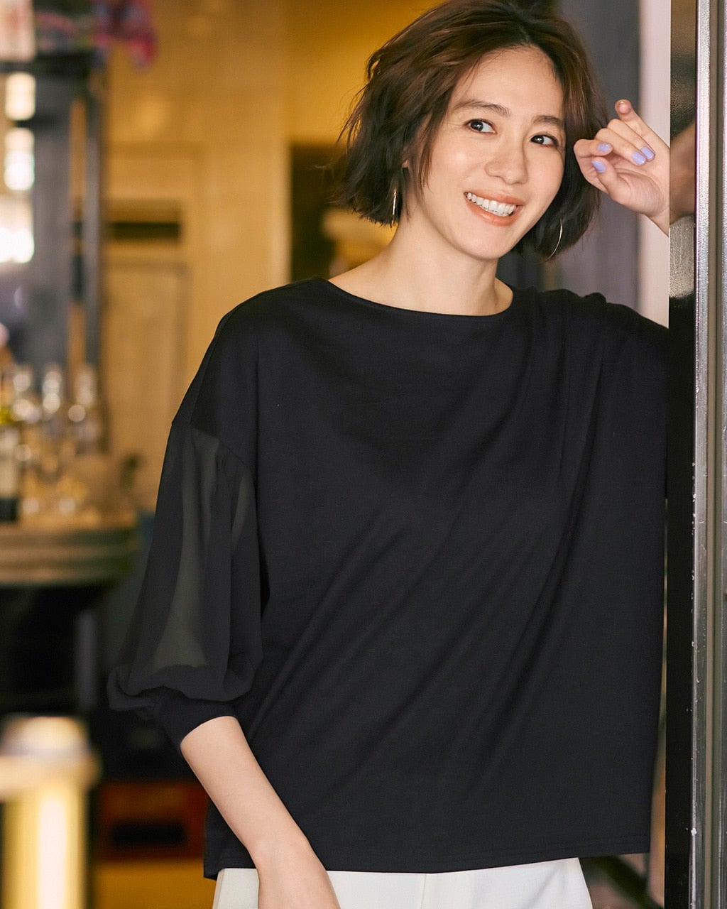 シフォン袖・異素材トップス／ドロップショルダー/40代50代からの 