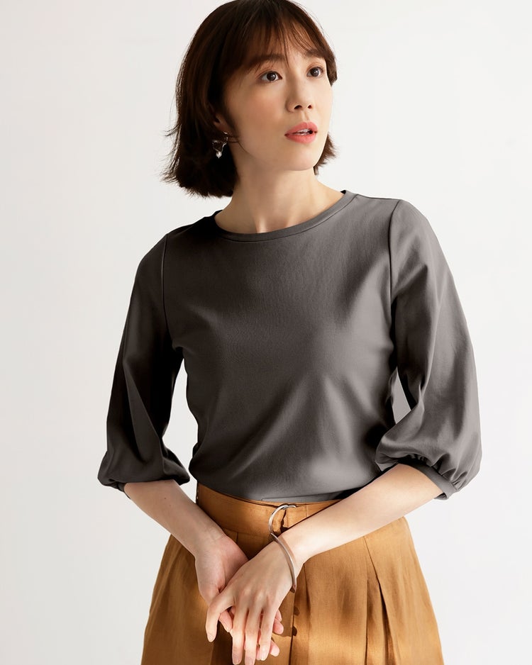 クルーネック／パフ7分袖・ドゥクラッセTシャツ 詳細画像 チャコール 1